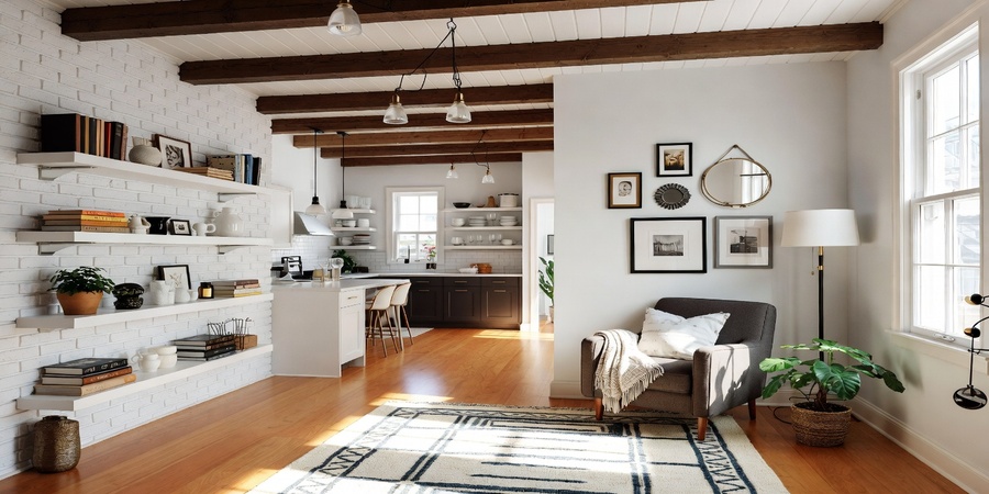 Stylish modern home interior showcasing DIY home improvement ideas with shelves, lighting, rugs, and wall décor for a transformed living space.