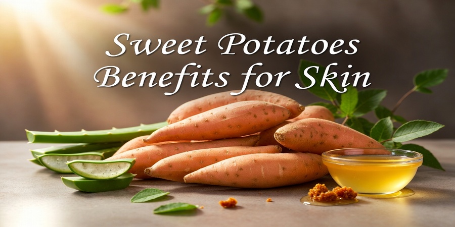 Sweet Potatoes Benefits for Skin 🍠 - Natural skincare concept with fresh sweet potatoes and glowing skin