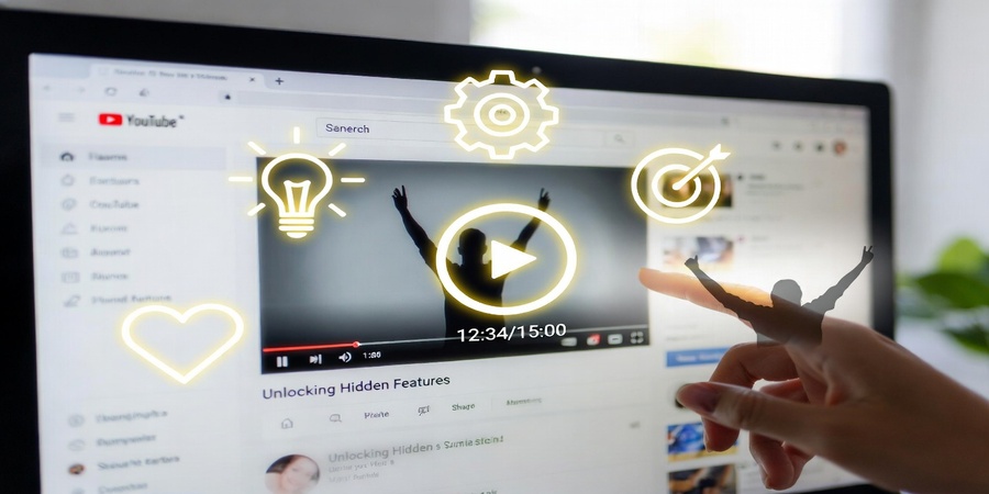 User discovering YouTube Hidden Features with productivity and wellness icons, modern digital empowerment concept