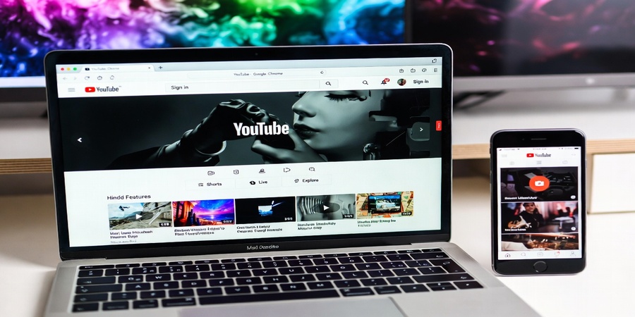 YouTube Hidden Features displayed on laptop and mobile with smart lifestyle and productivity icons